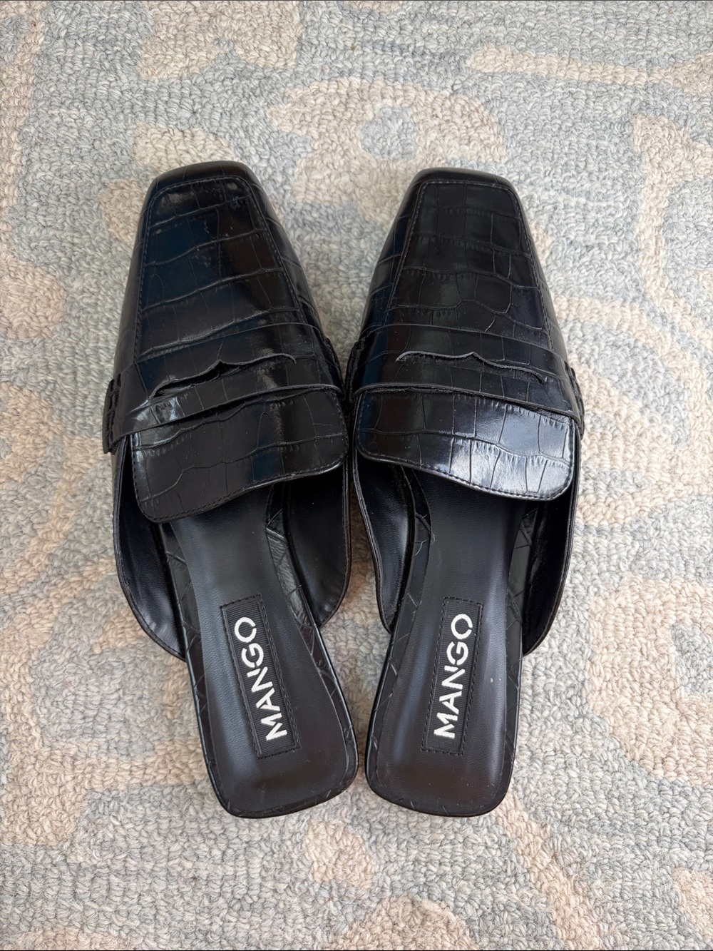 NWOT Mango Black Croc-Embossed Slip-On Mules